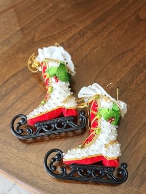 Vintage handmade pushpin sequin ice skate Christmas ornaments